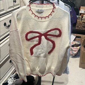 Cupshe Cream Sweater with Red Bow Accent